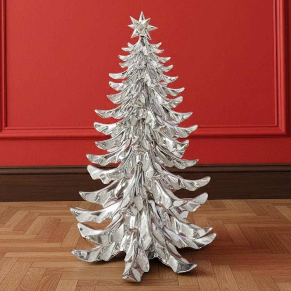 SHINY SILVER PLASTIC CHRISTMAS TREE WITH STAR TOPPER HOLIDAY DECOR. APPROX: 14”. - Picture 1 of 2